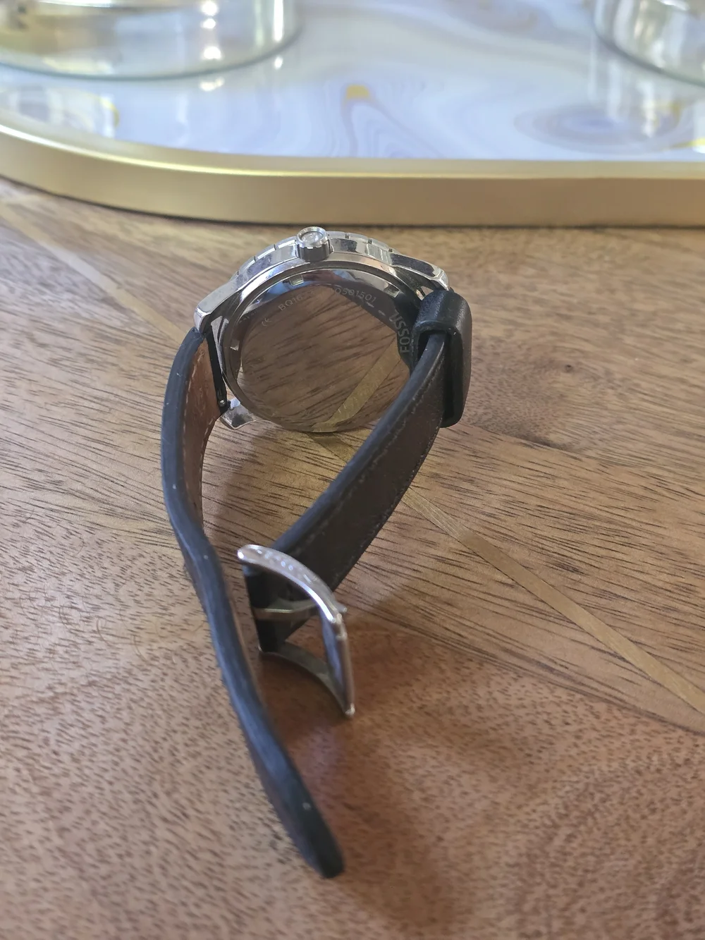 Fossil Men's Black Leather Strap Chronograph Watch - White Dial Missing Hands
